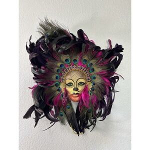 Mardi GrasMask Made Shop Pink, Black With Peacock Feathers‎ Beads Porcelain Face